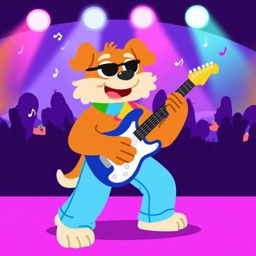 A cartoon dog playing electric guitar on stage at a rock concert
