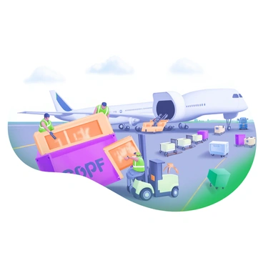 A busy airport scene depicting cargo being transferred to an airplane. The foreground shows a large cargo container labeled "CPT" in bold letters. Multiple workers in high-visibility vests are carefully maneuvering the cargo with a forklift. In the background, a cargo airplane is positioned on the tarmac, with the rear ramp open, ready to receive the incoming cargo. Nearby, a line of baggage carts is visible, as well as various airport vehicles preparing for takeoff. The sky above is clear, indicating a sunny day at the airport.