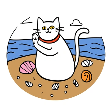 A lucky cat with white fur and a red collar is sitting on a sandy beach by the ocean. The cat has golden eyes and a raised paw, symbolizing good fortune. Around it, there are various colorful seashells scattered on the sand, including a pink conch shell and small white scallop shells. The gentle waves of the ocean are visible in the background, and the sky is clear with a few fluffy clouds.