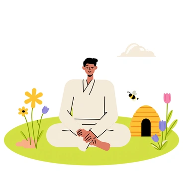 A person sitting cross-legged on a green field, wearing a white robe and with closed eyes in a meditative pose. The field is dotted with colorful wildflowers in shades of yellow, purple, and pink. Nearby, there is a wooden beehive with bees buzzing around it, and a few bees are seen flying near the flowers. The sky above is clear and bright, with a few fluffy white clouds drifting by. The overall composition captures a tranquil moment in nature.