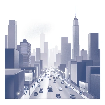 A cityscape filled with numerous tall buildings and skyscrapers reaching towards the sky. The foreground includes busy streets bustling with people walking and cars driving. There is a haze of smog lingering above the buildings, creating a blurred effect that softens the outlines of the architecture. Streetlights illuminate the sidewalks, and billboards display various advertisements. The scene captures the vibrancy of urban life despite the atmospheric conditions.
