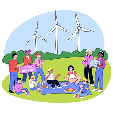 A community gathering takes place in a sunny outdoor park. People of various ages are gathered, smiling and chatting together. In the background, there are several tall white wind turbines turning gently against a clear blue sky. A picnic blanket is spread out on the grass, with food and drinks laid out. Children are playing nearby, and some adults are holding colorful banners that celebrate the new wind turbines. A stage at the front has a microphone and a speaker, indicating someone is giving a speech about the benefits of renewable energy.