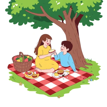 A girl with long brown hair, wearing a yellow dress, is sitting on a red and white checkered picnic blanket spread out on the green grass. She has a joyful expression as she shares sandwiches and fruits with her friend, who has short black hair and is dressed in a blue shirt. A large oak tree provides shade above them, its thick branches adorned with lush green leaves. Next to the blanket, there is a wicker basket filled with more food and a few colorful flowers scattered around. The atmosphere is warm and inviting, capturing the essence of friendship and nature.