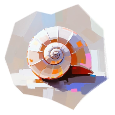 An illustration featuring an ammonite shell specimen prominently displayed in the center. The shell exhibits a distinct spiral shape, showcasing intricate ridges and curves along its surface. The texture of the shell is detailed, revealing the concentric patterns that highlight its natural beauty. Soft shadows play across the shell, emphasizing its three-dimensional form and giving depth to the illustration. Rich colors, including shades of brown, cream, and hints of blue, enhance the organic appearance of the ammonite shell, creating a striking focal point.