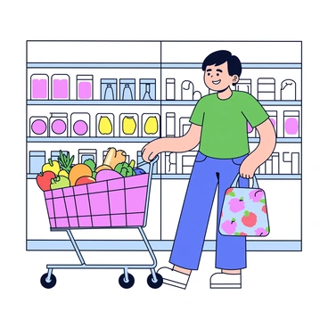 A person is standing in a grocery store aisle, holding a reusable cloth shopping bag designed with colorful fruit patterns. The person is wearing a casual outfit consisting of a green t-shirt and denim jeans. They have short hair and are smiling as they look at the shelves stocked with various food items. In the shopping cart next to them, there are several fresh vegetables and fruits. The store has bright lighting and a clean, organized layout.