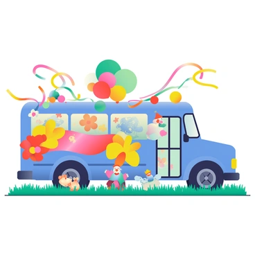 A blue bus is transformed into a vibrant carnival float adorned with bright decorations. The sides of the bus feature large, colorful banners with floral patterns and images of balloons. A cluster of shiny, multicolored streamers is hanging from the roof, fluttering in the breeze. Large, handcrafted paper flowers in red, yellow, and green are attached to the front of the bus. Brightly painted characters, such as clowns and animals, are positioned around the float, creating a festive atmosphere. The wheels of the bus are partially covered with a bed of artificial grass, enhancing the cheerful look of the float.