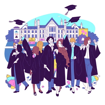 A group of graduates in black caps and gowns is gathered in front of a grand building at the University of Dundee. The graduates are smiling and holding their diplomas proudly. Some are tossing their caps into the air, while others are embracing friends and family. The scene is vibrant with colorful banners and floral arrangements surrounding the graduates, creating a festive atmosphere. In the background, the university's iconic architecture provides an impressive backdrop to the joyful celebration.