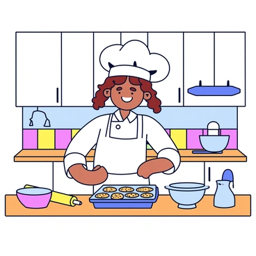A young chef wearing a large white hat is happily baking cookies in a kitchen. The chef has curly brown hair and is standing at a wooden countertop. In front of the chef is a tray filled with freshly baked cookies, golden brown and slightly cooling. The kitchen has white cabinets and a colorful backsplash, with baking utensils hanging on the walls. A mixing bowl with dough is placed next to the chef, and a rolling pin lies beside it.