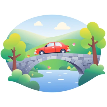 A car crossing a quaint stone bridge in a picturesque countryside setting