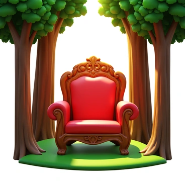 A love chair designed with intricate wood carvings, featuring soft cushions in rich red fabric. The chair is nestled among tall trees with green leaves, their trunks thick and sturdy. Sunlight filters through the branches, casting dappled light onto the forest floor covered in soft moss. The atmosphere is tranquil, with a gentle breeze rustling the leaves around the chair.
