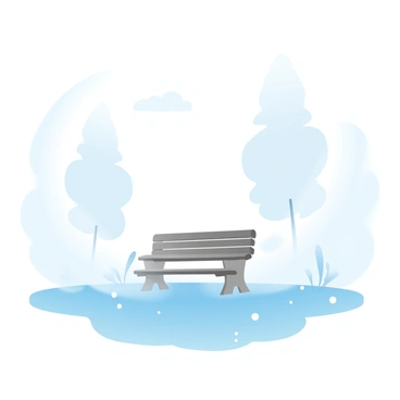 A solitary bench is situated in a grassy area, surrounded by a thick halo of fog that envelops the scene. The ground is covered with dewdrops that glisten softly in the muted light. Tall trees are visible in the background, their outlines blurred by the mist. The overall atmosphere is serene, with the bench positioned as the focal point amid the ethereal fog. Soft, gradient pastel colors enhance the tranquility of the morning scene.