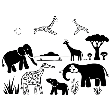 A fantasy savanna landscape featuring diverse, imaginative animals. There are large elephants with intricate patterns and textures, depicted in various shades of black and white. A group of giraffes is seen soaring gracefully in the air, their elongated necks and legs elongated for flight. In the background, distinctive silhouettes of acacia trees are present against the horizon. The sun is setting, casting a dramatic light that contrasts with the dark shadows of the landscape.