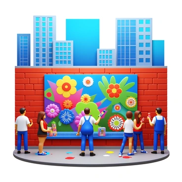 An artist with an apron is painting a large, colorful mural on a brick wall in a cityscape. The mural features vibrant patterns and images of flowers, animals, and abstract shapes. The artist is using a variety of paintbrushes and spray cans, surrounded by paint splatters on the ground. The city buildings in the background are tall and modern, with a bright blue sky above. The scene includes onlookers admiring the mural, some taking photographs, while others are engaged in conversation.