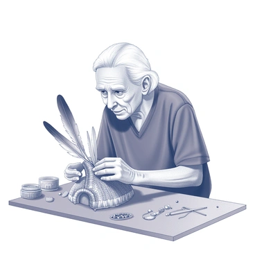 An elder, with a weathered face reflecting wisdom, is seated at a wooden table. They are carefully crafting a ceremonial headdress, focused on their work. The headdress is intricate, featuring a base made of woven materials. It is adorned with feathers, delicately arranged, and beads that shimmer in the light. Various tools and materials are spread across the table, including strings, additional feathers, and small containers of beads. The elder's hands are aged, showcasing the marks of time as they skillfully attach each decorative element.