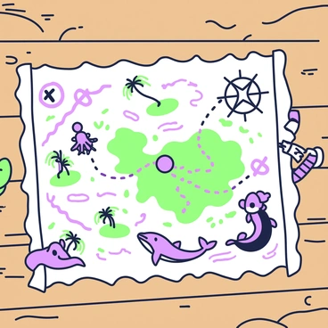 An old-fashioned treasure map is laid out across a wooden table. The map features intricate illustrations of marked paths leading to an 'X' spot, symbolizing the treasure's location. The edges of the map are adorned with whimsical sea creatures, including a playful octopus and a curious dolphin. The background shows subtle waves and currents, enhancing the nautical theme of the map. Small islands with palm trees and a compass rose are also illustrated, creating a sense of adventure.