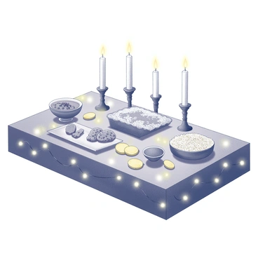 A Haft-Sin table arranged with traditional items including "sabzeh" (sprouted wheat or lentils), "samanu" (sweet pudding), and "senjed" (dried fruit). The table is covered with a decorative cloth, and "haft sin" items are placed neatly in their respective spots. "Gold coins" are scattered across the table as symbols of prosperity. The setup includes numerous "candles" placed around, casting gentle light. Additionally, "fairy lights" are intertwined around the table's edge, enhancing the festive ambiance. The scene conveys a sense of celebration and tradition.