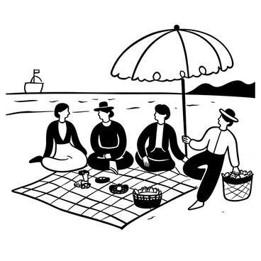 A family gathered on a sandy beach, enjoying a picnic spread on a checkered blanket. The members of the family are dressed in early 1900s attire, with the women wearing long dresses and the men in suits and hats. A classic beach umbrella is positioned above the blanket, providing shade. There are a wicker picnic basket and various food items such as sandwiches and fruits laid out. In the background, gentle waves lap at the shore, and a distant sailing ship can be seen on the horizon.