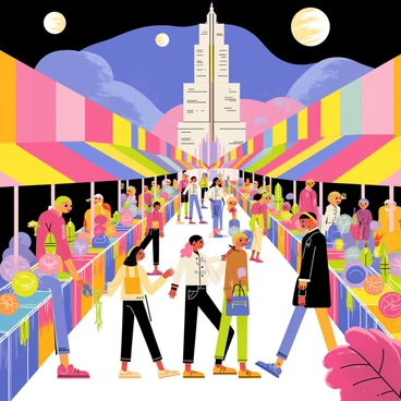 A vibrant alien marketplace filled with diverse extraterrestrial species interacting with one another. Creatures with colorful skin tones and unique features are seen browsing through stalls. The stalls are packed with exotic goods such as shimmering fruits, strange glowing artifacts, and unusual fabrics. Brightly colored awnings shade the vendors and their products. Above, a multicolored sky is dotted with two or three moons, casting a surreal light over the market. In the background, a towering structure resembling a futuristic temple stands, adding to the otherworldly atmosphere.