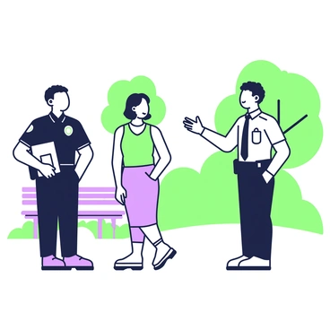 A group of two law enforcement officers is standing in a public space, engaging with a citizen. One officer, wearing a dark uniform with a badge, is smiling while holding a clipboard. The other officer, dressed in a lighter uniform, is gesturing towards the citizen, who appears attentive and interested. The citizen is casually dressed, standing with hands in pockets. In the background, there are trees and a park bench, creating an open atmosphere. The officers and the citizen are clearly visible, emphasizing their friendly interaction.