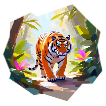 A majestic tiger with vibrant orange fur and bold black stripes moves gracefully through a dense jungle. Its powerful body is low to the ground, showcasing strong muscles as it navigates between thick greenery. Lush, tropical plants surround the tiger, with large green leaves and colorful flowers adding to the vibrant scene. Sunlight filters through the tree canopy above, casting dappled shadows on the forest floor. The tiger's keen eyes are focused ahead, poised and alert as it prowls through its natural habitat.