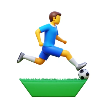 A football player action figure mid-kick on a grassy field. The player is wearing a blue jersey with matching shorts and white cleats. The figure stands poised with one leg extended high, capturing the motion of a dynamic kick. The grassy field is vibrant and detailed, with individual blades of grass visible. The background features a clear blue sky, adding to the outdoor sports atmosphere.