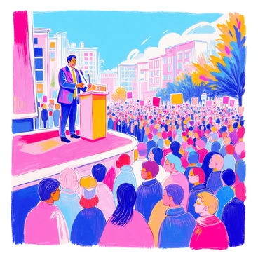 A charismatic leader stands confidently on a stage, speaking passionately into a microphone. The leader is dressed in a tailored suit and has an engaging expression, making eye contact with the audience. Below, a diverse crowd of people is gathered, looking inspired and attentive. Some are holding banners and flags that display various colors and messages of support. The setting is a large open area, with trees and buildings visible in the background, and the sky is clear and bright. The atmosphere is filled with a sense of excitement and anticipation as the leader gestures expressively while addressing the crowd.