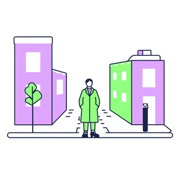 A quiet street scene is depicted with minimal details. The street is lined with simplistic outlines of buildings, featuring square windows and flat roofs. A single figure stands in the center of the scene, slightly off to the side. The figure has a straight posture and is wearing a long coat, with hands tucked into pockets. The ground is represented with a subtle texture, indicating pavement. A few sparse trees with indistinct outlines are positioned along the street, completing the tranquil atmosphere.