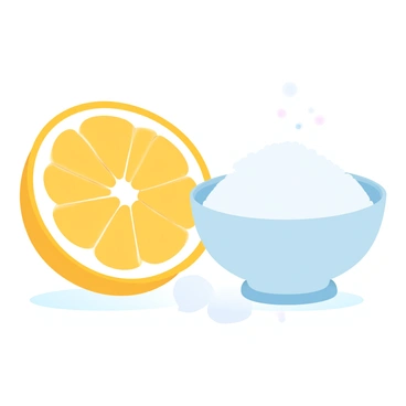 A lemon half is placed next to a small white bowl filled with granulated sugar. The lemon has a bright yellow color, showcasing its juicy interior. The bowl is simple and ceramic, contrasting with the vibrant color of the lemon. A few sugar granules are scattered around the bowl, emphasizing the preparation for making lemonade. A light surface beneath them enhances the freshness of the ingredients.