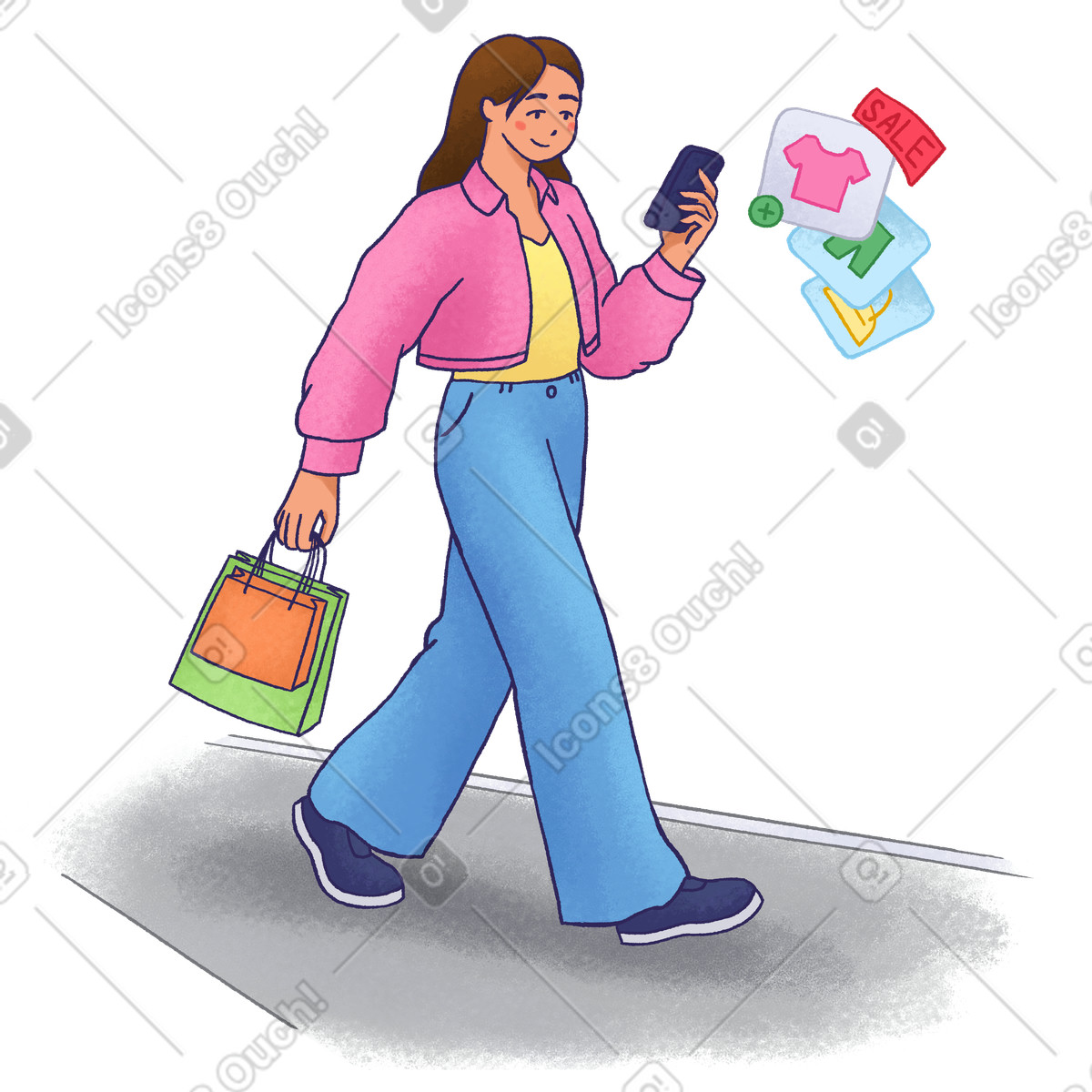 Ilustración Checking sales on smartphone, urban shopping and online discount offers en estilo Hue a descargar en PNG y SVG