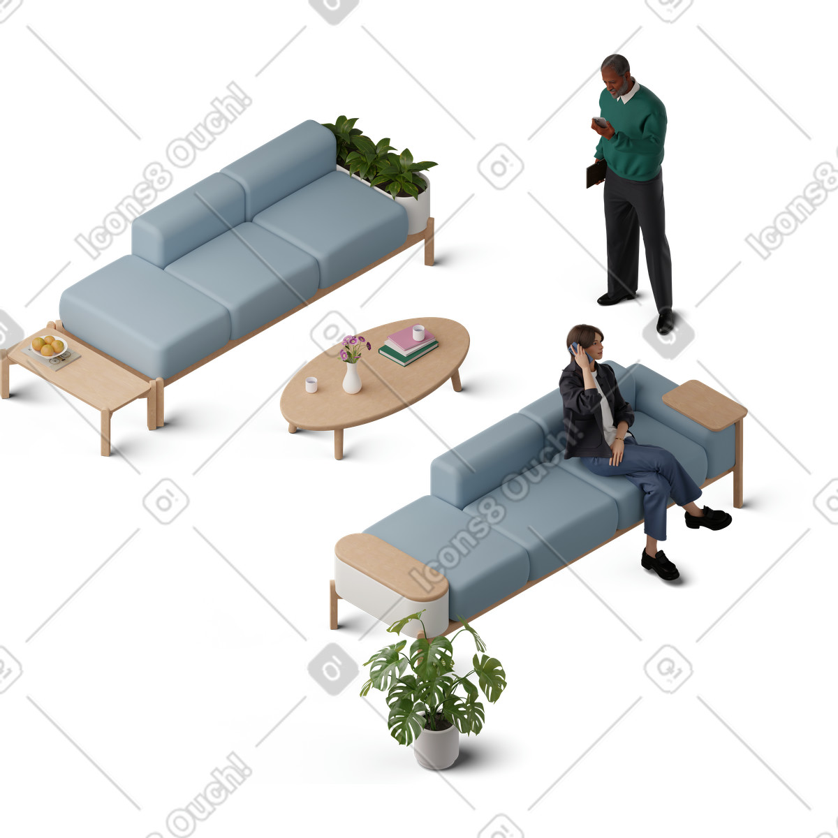 3D Hygge スタイルの 電話で話す若い女性とスマートフォンを持つ男性の等角図 のイラストをPNG、SVG形式でダウンロード