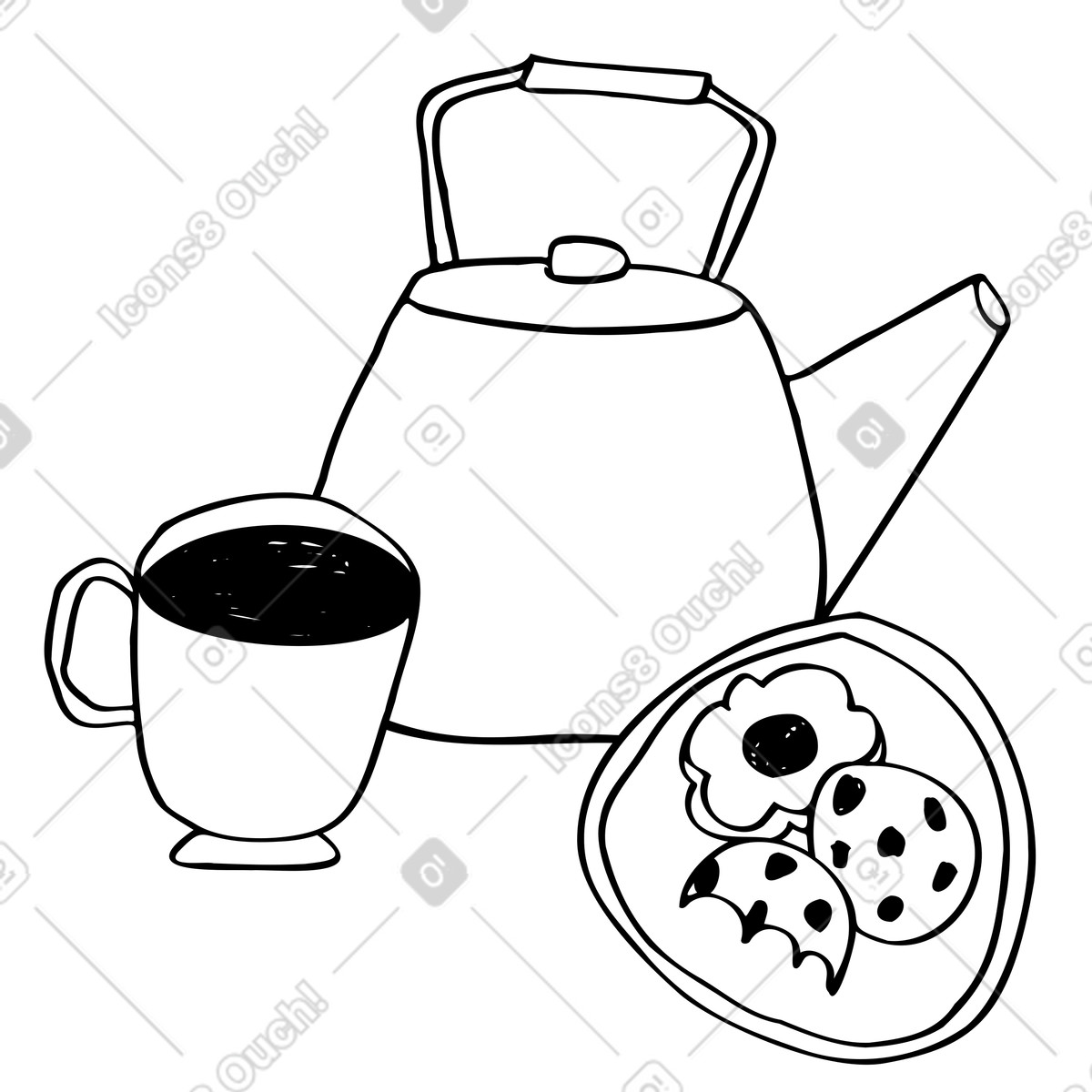 Teapot with cup and cookies illustration in Marks style download in PNG, SVG