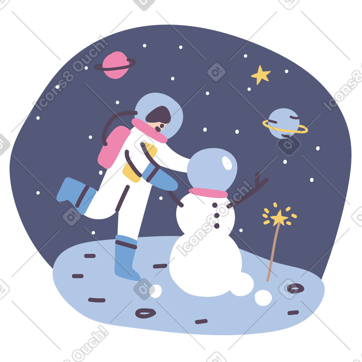 Astronaut making snowman in space illustration in Pluto style download in PNG, SVG