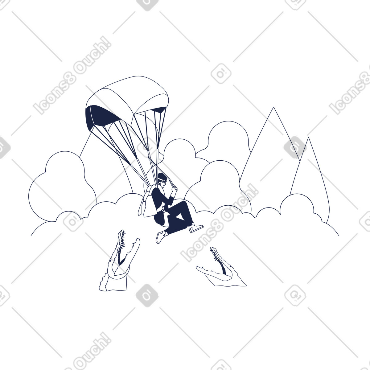 Parachutist falling to the crocodiles, Critical failure or fatal error animierte Illustration im Urban Line-Stil als Download in GIF, Lottie (JSON), AE