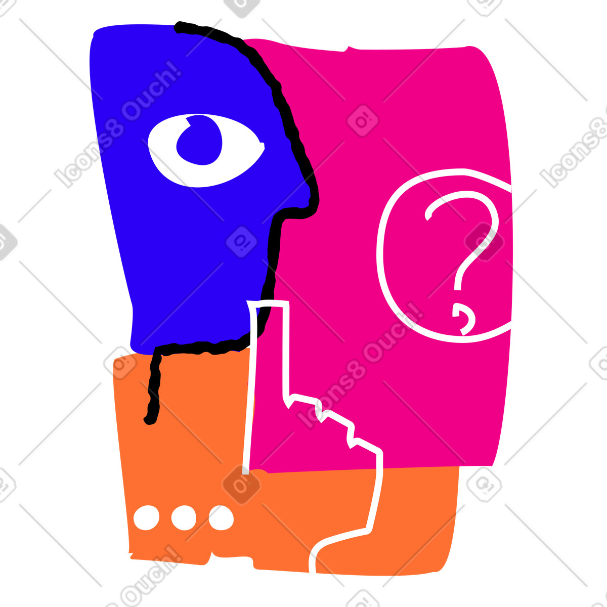 Uomo che pensa con il dito indice al mento e una domanda illustrazione in stile Puzzle scarica in PNG, SVG