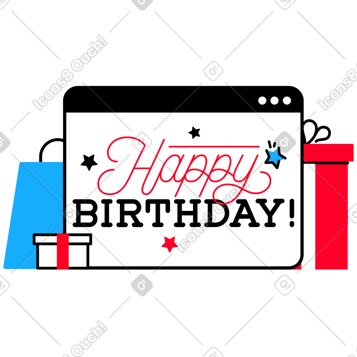 Lettering happy birthday nel browser con regali illustrazione in stile Transistor scarica in PNG, SVG