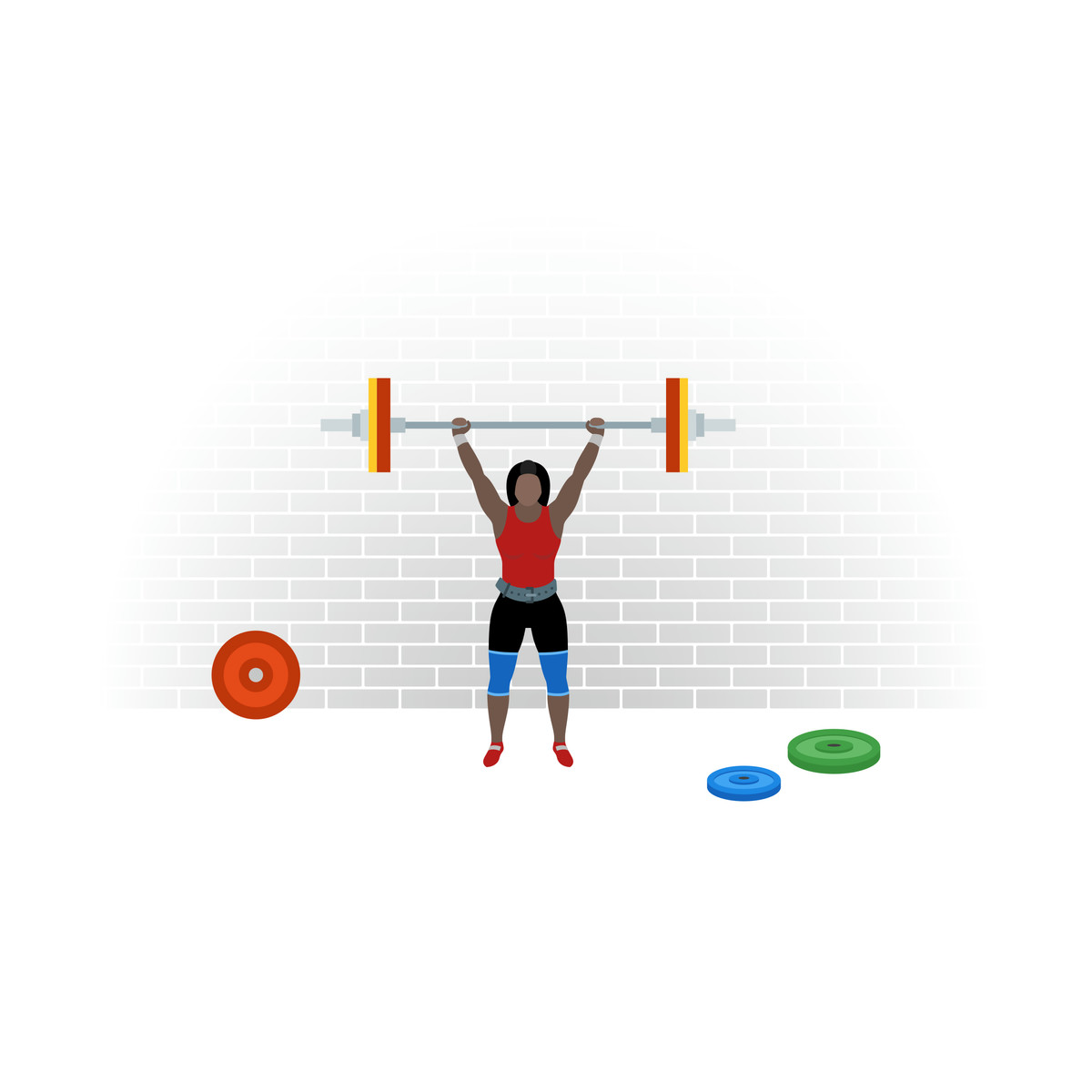 Woman holding a barbell above her head in front of brick wall illustration Fogg style download PNG, SVG