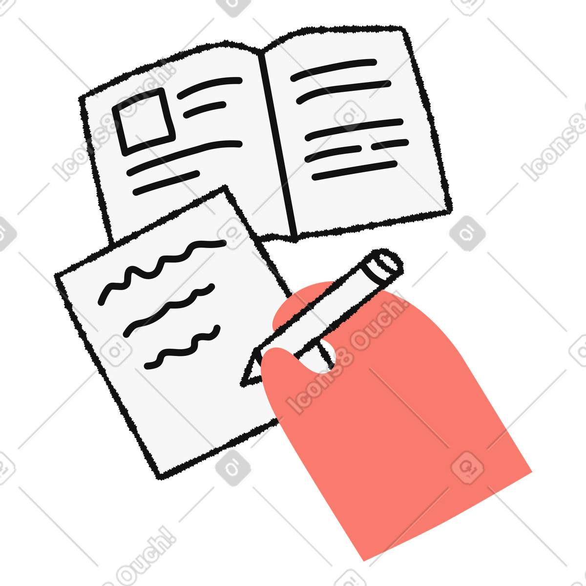 下载 Bold People 风格的 Homework assignment writing with open book and pen in hand 插画，支持 PNG、SVG 格式