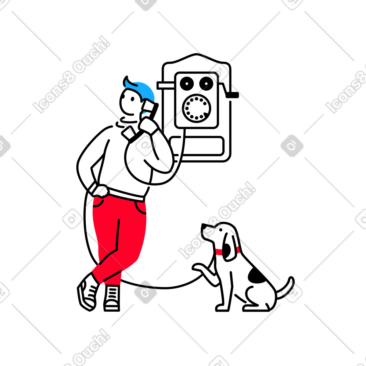 Uomo che usa il telefono retrò per comunicare illustrazione in stile Transistor scarica in PNG, SVG