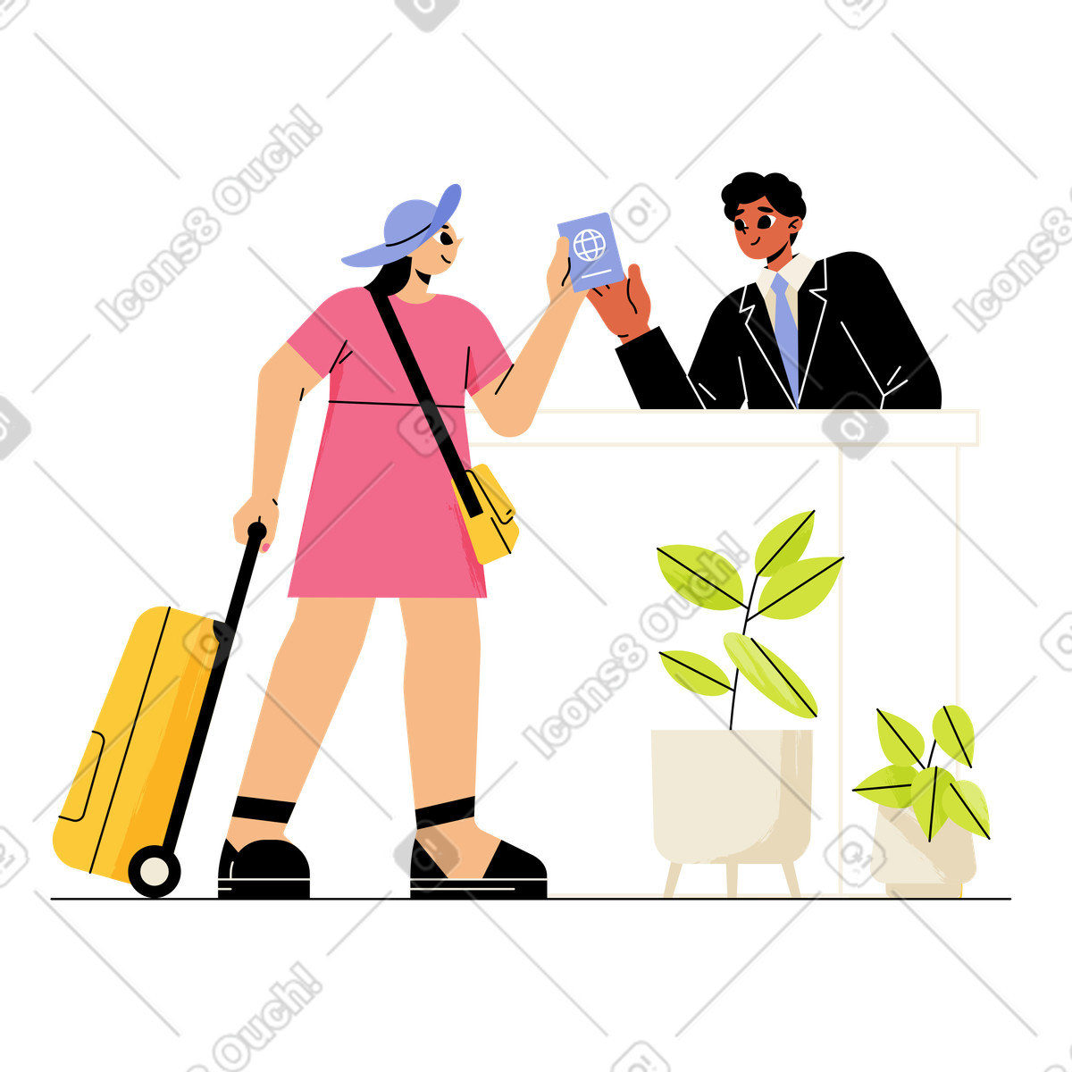 Ilustração de Tourist with suitcase at hotel front desk, vacation accommodation check-in em no estilo Juicy para baixar em PNG, SVG
