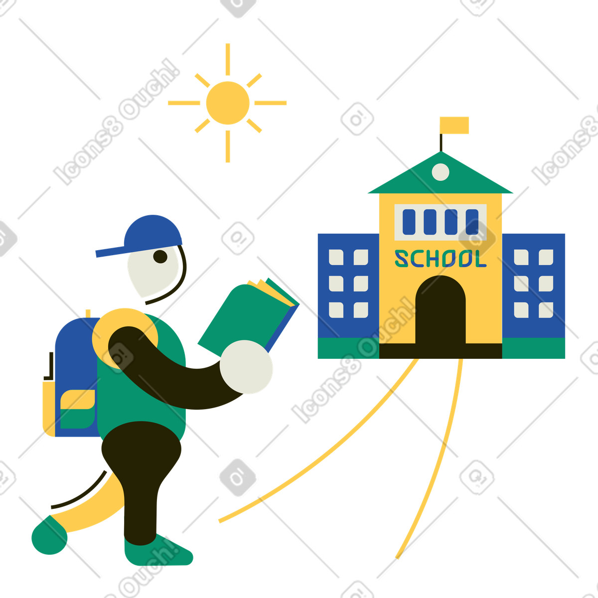 下载 Spot 风格的 Student with backpack and book approaching school, Education learning 插画，支持 PNG、SVG 格式