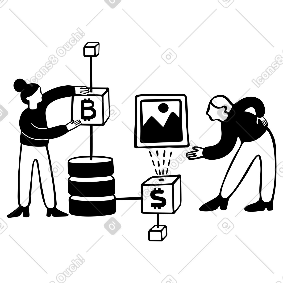 Women using blockchain and cryptocurrency technologies illustration in PNG, SVG