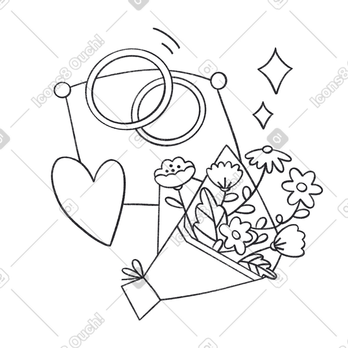 Wedding day with rings on a pillow and bouquet of flowers illustration in Bonbon Line style download in PNG, SVG