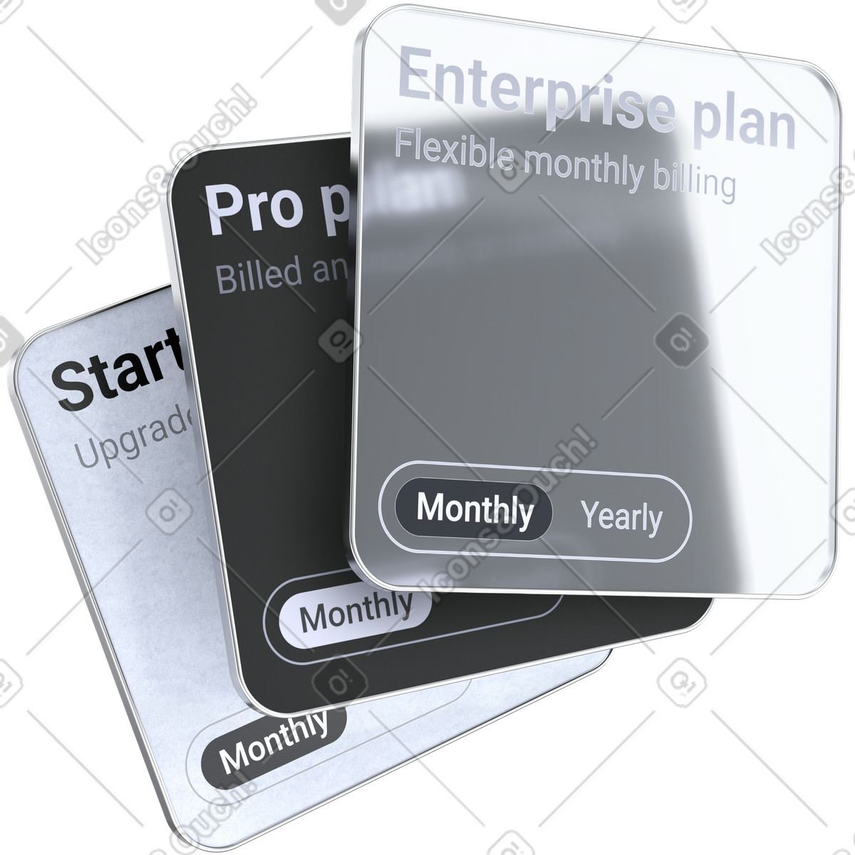下载 3D Pro 风格的 Pricing table subscription cards showing monthly and yearly enterprise plan options 插画，支持 PNG、SVG 格式