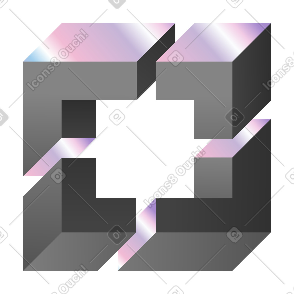Blocchi geometrici che formano quadrati aperti, cubi isometrici con gradiente metallico illustrazione in stile Illusion scarica in PNG, SVG