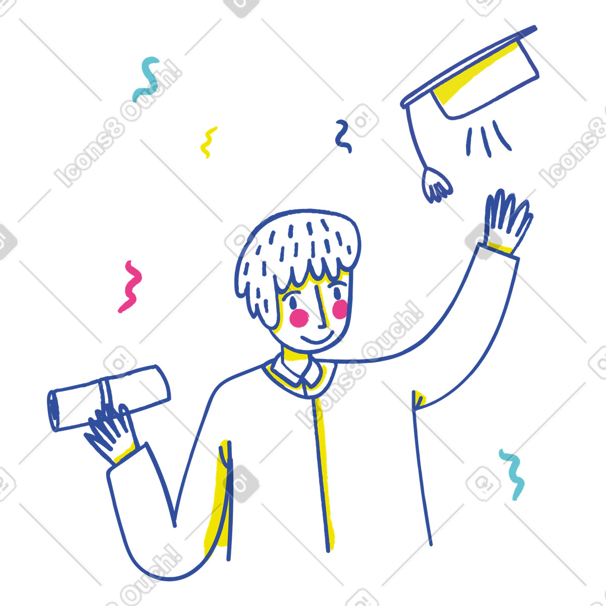 Ilustración Graduado con un diploma y lanzando sombrero en celebración estilo Lime a descargar PNG SVG
