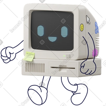 Ordinateur rétro ambulant avec visage souriant, mascotte de technologie vintage PNG, SVG