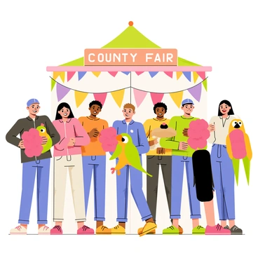 A county fair photobooth featuring a colorful backdrop adorned with festive decorations. Guests are standing in front of the booth, each holding fluffy pink cotton candy. Some guests are also clutching vibrant stuffed animals, including a large teddy bear and a bright parrot. The scene is filled with joy as the guests smile and pose for the picture, with a bright banner above them reading "County Fair."