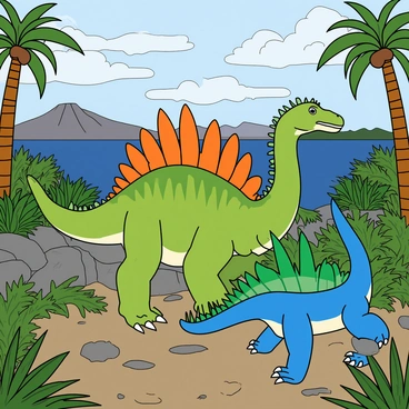 Two spinosauri, each with a robust body covered in scaly green skin, are standing side by side on a rocky outcrop. One spinosaurus is larger, with a tall, spiked sail running down its back, while the other is slightly smaller, displaying a vibrant mix of blue and green coloring. They have long, powerful tails and sharp, curved claws. In the background, lush ferns and tall cycads create a dense prehistoric landscape. A deep blue lake reflects the sky, while distant volcanic mountains rise under a dramatic cloud-filled sky. The scene is filled with vibrant colors and dynamic textures, depicting an active prehistoric environment.