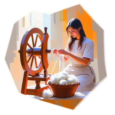 A woman with medium skin and long, dark hair sits beside a traditional spinning wheel, focusing intently as she spins yarn. She wears a simple, earth-toned dress that drapes gently around her. The spinning wheel is made of dark wood, adorned with intricate carvings. A basket filled with raw wool sits nearby, with tufts of soft, white wool spilling out. Sunlight filters through a nearby window, casting warm light across the scene and highlighting the woman's concentration as she deftly pulls the fiber into strands of yarn.