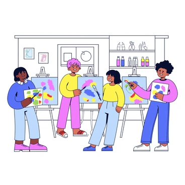 A group of people painting together in a bright studio, focused on their canvases with joy.